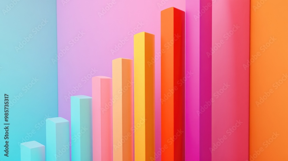 Abstract colorful 3D graphic with bars in an upward trend against a blue, pink and orange background. Abstract colorful 3D graphic with bars in an upward trend against a blue, pink and orange background.