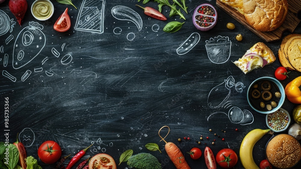 Mouthwatering assortment of fresh gourmet food ingredients including various vegetables fruits herbs spices and bread beautifully arranged on a black chalkboard backdrop with copy space