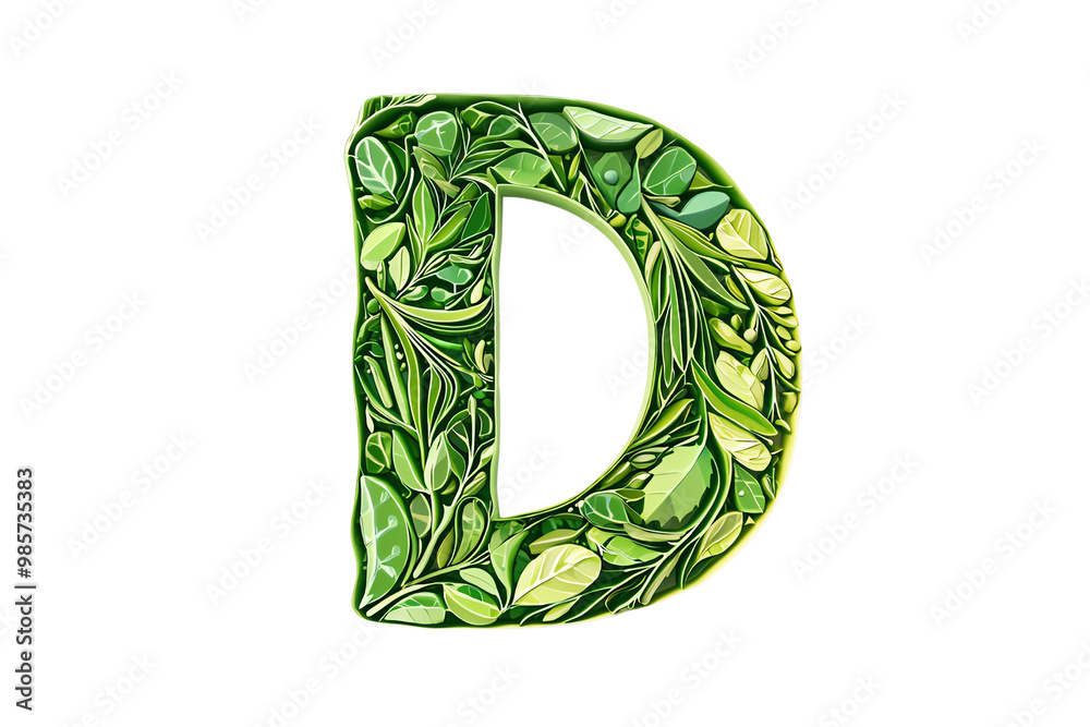 Green Leaf Letter D: Botanical Typography Art Featuring Eco-Friendly Foliage Design and Natural Leafy Texture for Sustainable and Environmental Graphics