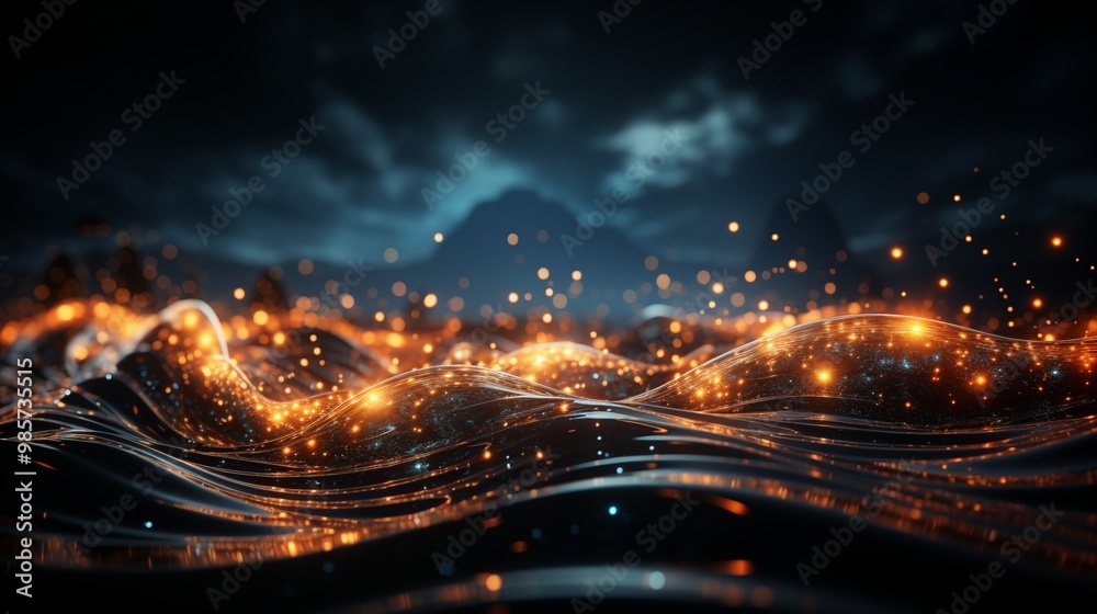 A long blue and orange wave of light with stars and a black background. A long blue and orange wave of light with stars and a black background.