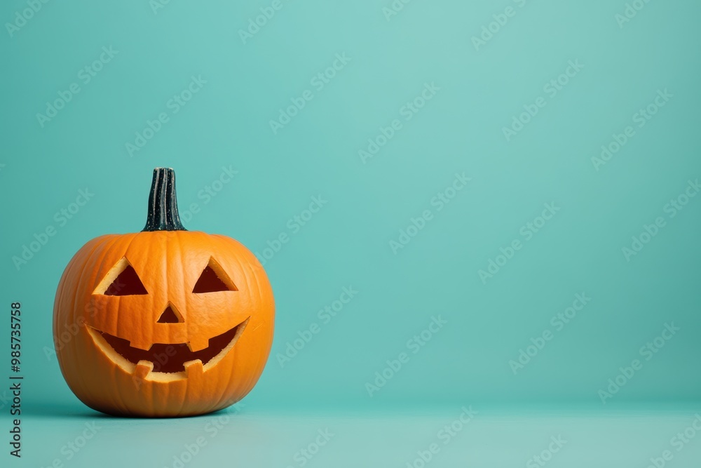 Cheerful orange pumpkin teal background for Halloween