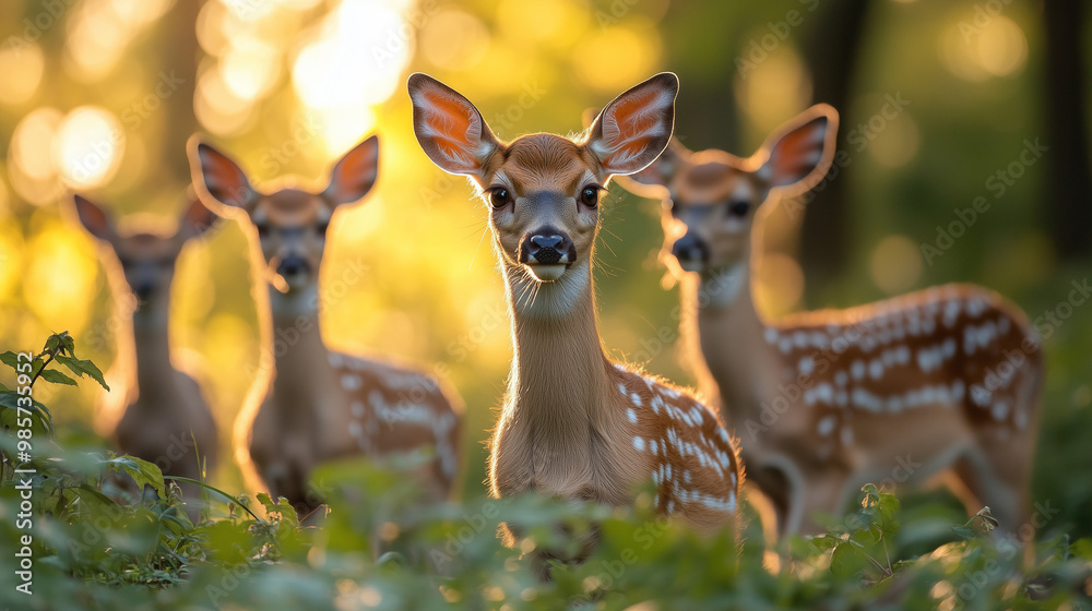 Cute deer in the wild in forest at sunset looking directly at the camera Cute deer in the wild in forest at sunset looking directly at the camera