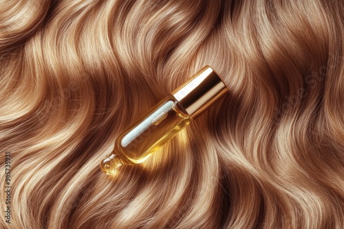 Golden hair serum on luxurious wavy locks for haircare photo