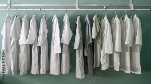 Clean Medical Scrubs on a Rack for Healthcare Professionals