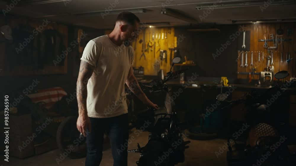 A blond guy in a white T-shirt inspects his motorcycle in a workshop garage A blond guy in a white T-shirt inspects his motorcycle in a workshop garage