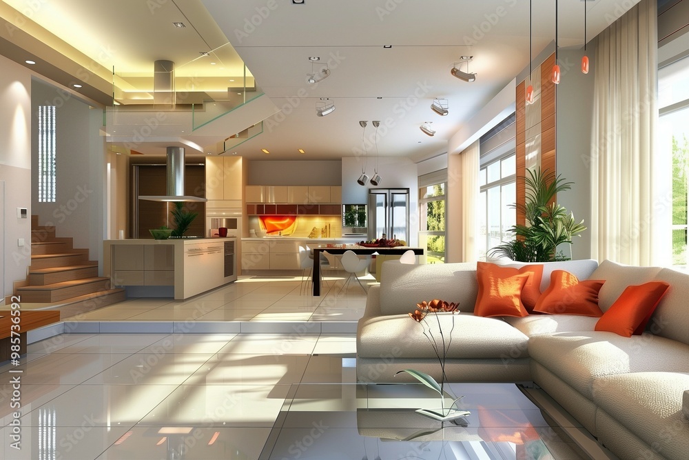 A living room filled with furniture and a staircase A living room filled with furniture and a staircase
