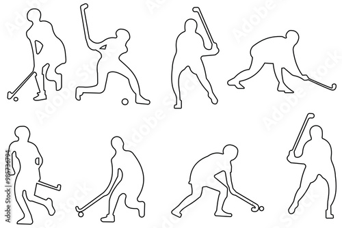 Hocky players line art icon, vector design. Silhouettes of hockey players border icon, vector. Field hockey  player silhouettes on white background. Sports, Athlete icon, vector. Vector illustration.