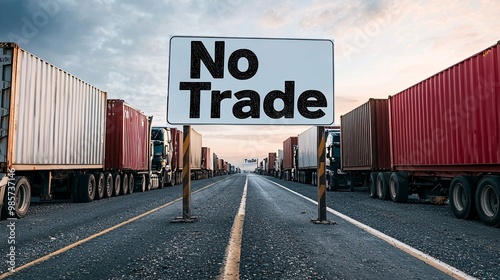 Trucks stopped at a border crossing, blocked by 