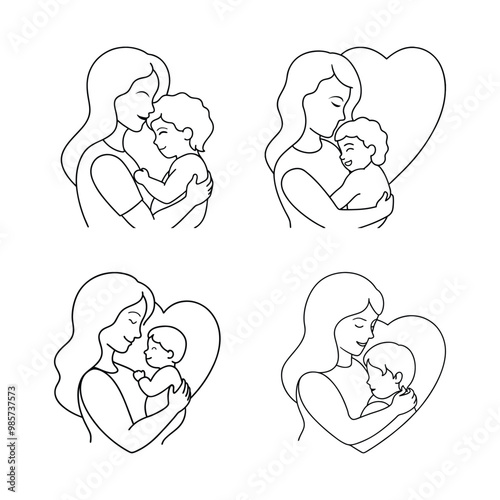 Mother and Child Love Line Art Illustration