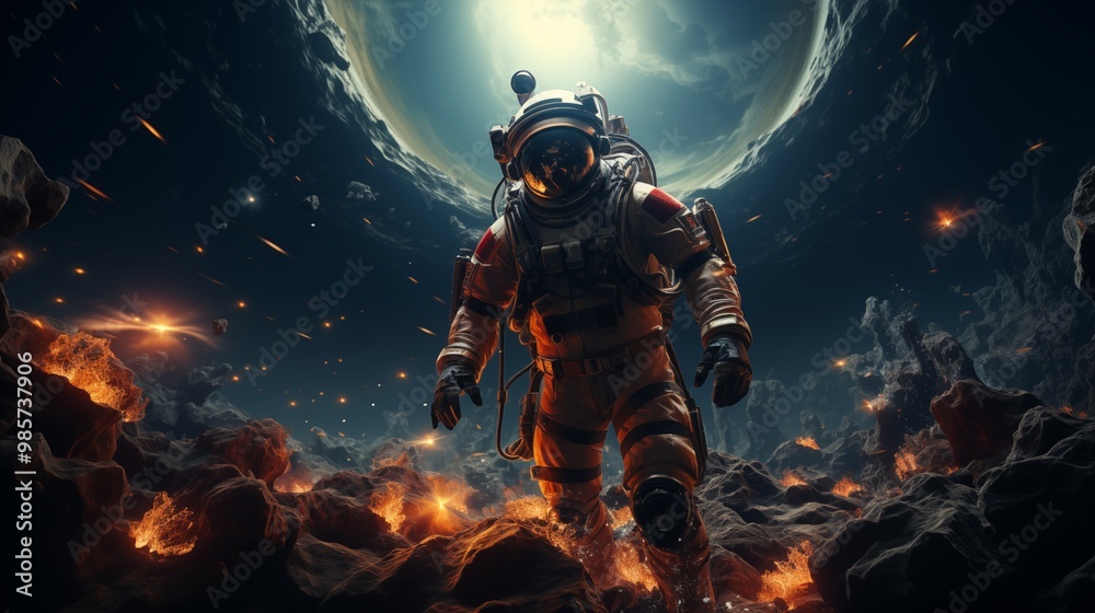 an astronaut is shown in his spacesuit with space on the background. an astronaut is shown in his spacesuit with space on the background.
