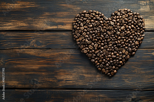 Closeup fresh roasted Arabian or aroma coffee beans on shape of heart. Organic coffee concept background. Top view, flat lay backdorp with copy space photo