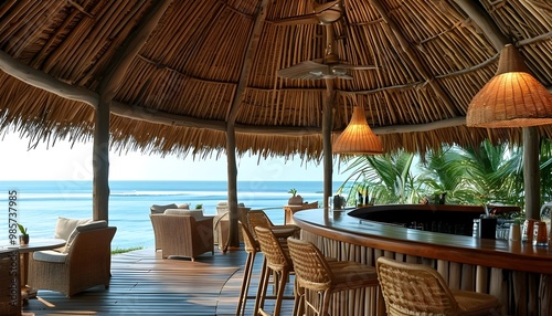 Tropical beachside bars with thatched straw roofs exuding relaxation and island vibes photo