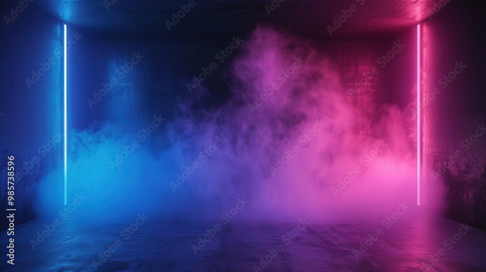 Neon Shadows in a Dark Room, a desolate space illuminated by vibrant neon hues, enveloped in swirling blue and pink smoke, creating an atmosphere of intrigue and mystery. Neon Shadows in a Dark Room, a desolate space illuminated by vibrant neon hues, enveloped in swirling blue and pink smoke, creating an atmosphere of intrigue and mystery.