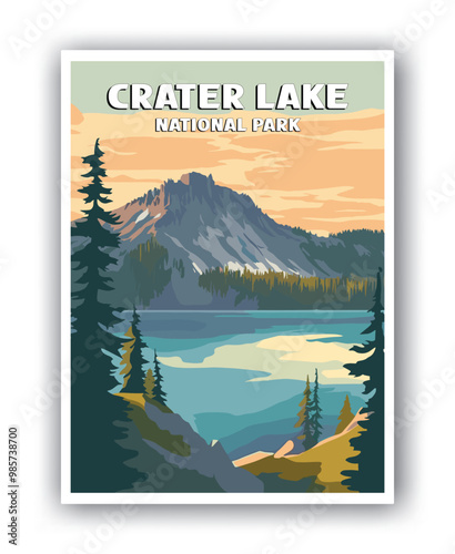 Crater Lake, National Park Illustration Art. Travel Poster Wall Art. Minimalist Vector art