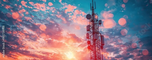 Communication via cell towers in telecommunication, with signals radiating, tower networks, and connected devices.