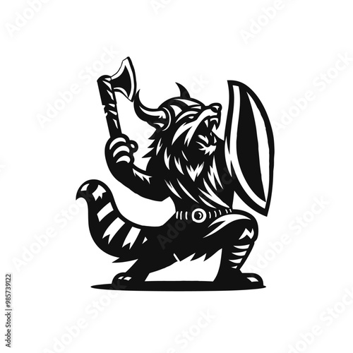 Unique raccoon character illustration with a Viking helmet and weaponry, ideal for tattoo designs. photo