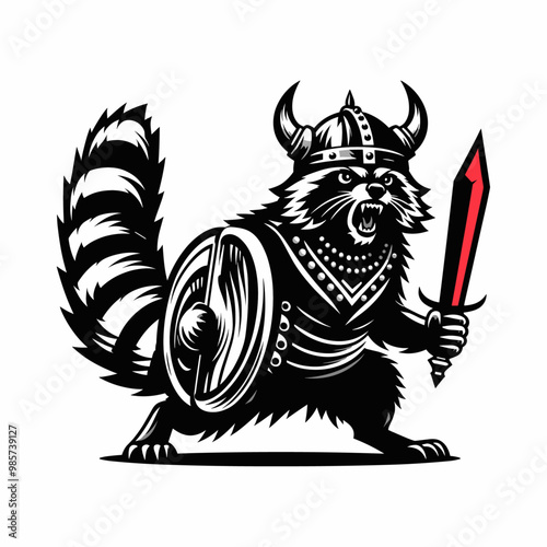 Bold black and white vector illustration of a raccoon dressed as a Viking warrior, perfect for merchandise and digital art. photo