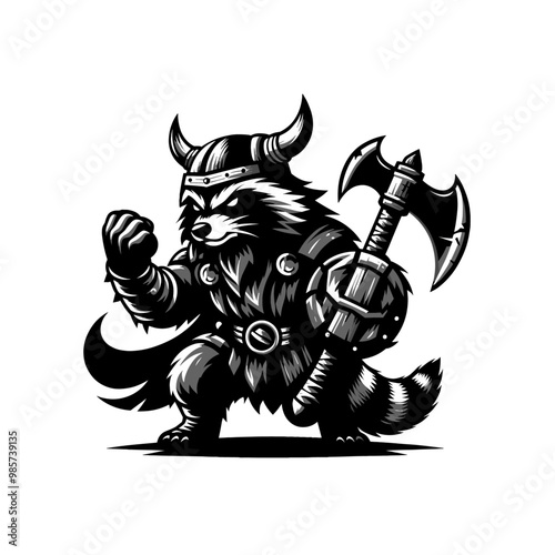 Detailed line art of a raccoon in Viking armor, showcasing strong and fierce features.