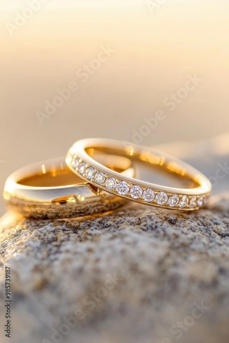 Golden wedding bands with diamonds on warm background photo