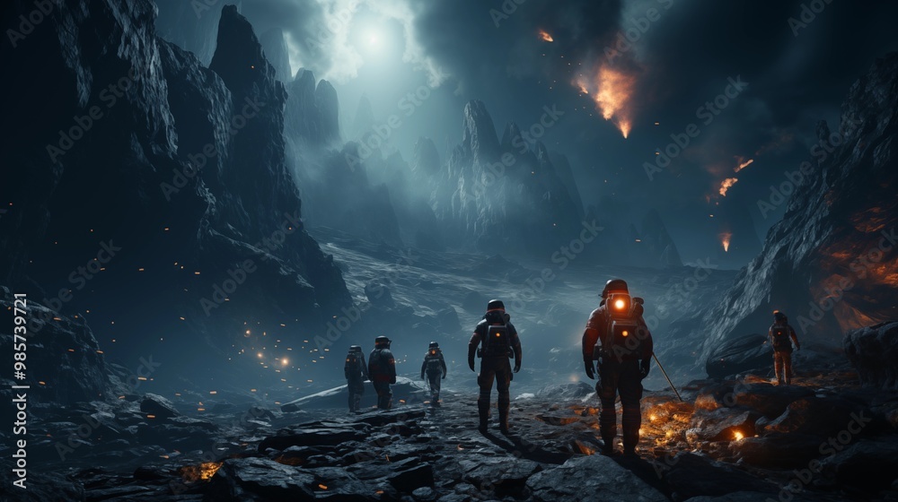 Obraz premium Astronauts with spaceship exploring an asteroid in space.