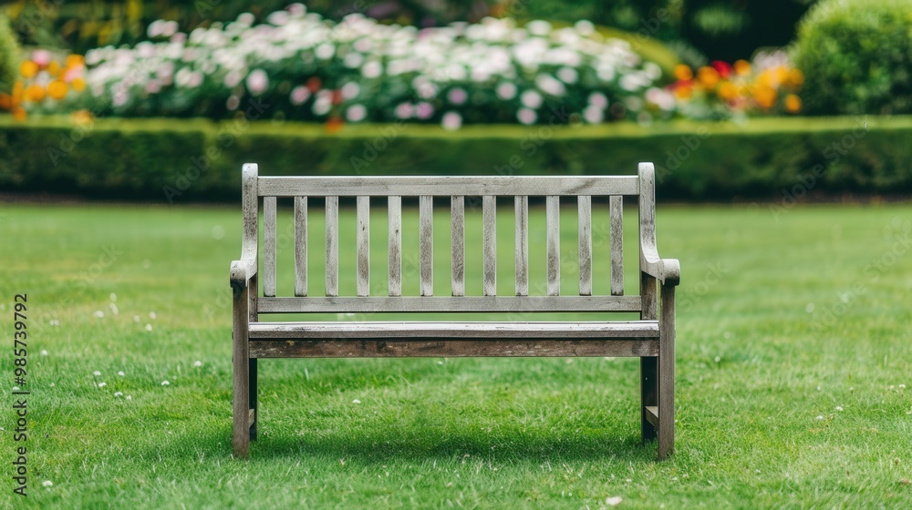 Serene Wooden Bench Amidst Vibrant Flowers in a Lush Green Field, inviting relaxation and contemplation, perfect for enjoying nature's beauty and tranquility Serene Wooden Bench Amidst Vibrant Flowers in a Lush Green Field, inviting relaxation and contemplation, perfect for enjoying nature's beauty and tranquility