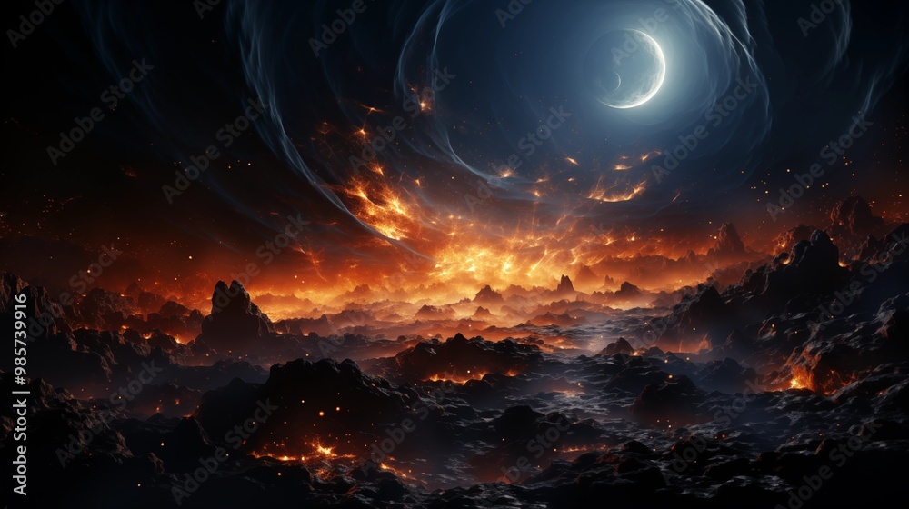 Fototapeta premium Black hole creating a swirling vortex of cosmic matter and light in the vastness of space.