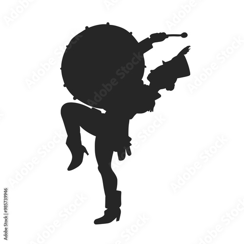 Silhouette of a Marching Band Drummer Playing a Bass Drum Vector