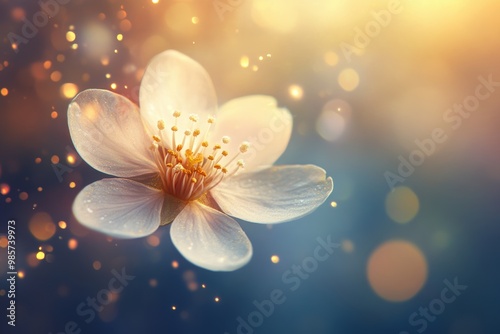 Dreamy white blossom with golden sunlight flare