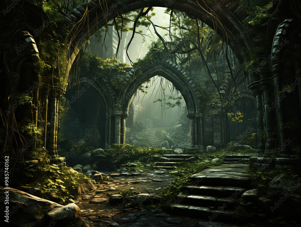 Obraz premium Amazing Fantasy fairytale portal in forest sunny evening light through the branches