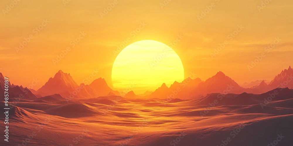 A large sun sets over a vast desert landscape, casting a warm orange glow over the mountains and dunes. A large sun sets over a vast desert landscape, casting a warm orange glow over the mountains and dunes.