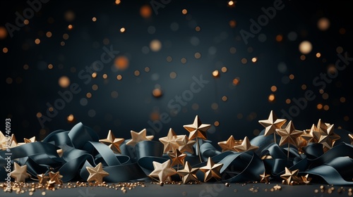 Christmas and New Year festive background, Golden stars and gilded ribbons on Navy blue background.