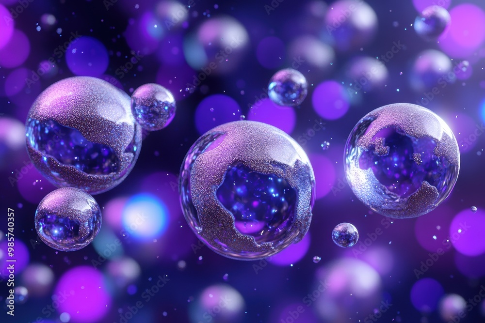 Shimmering cosmic bubbles floating in starry purple space Shimmering cosmic bubbles floating in starry purple space