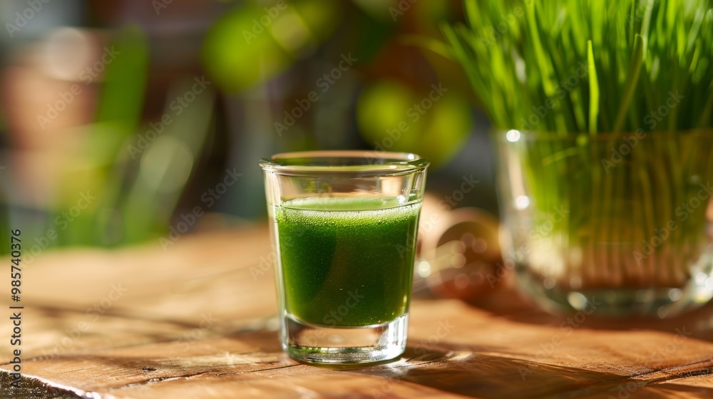 Freshly Blended Green Juice or Smoothie in Glass with Wheatgrass and Wooden Background Freshly Blended Green Juice or Smoothie in Glass with Wheatgrass and Wooden Background