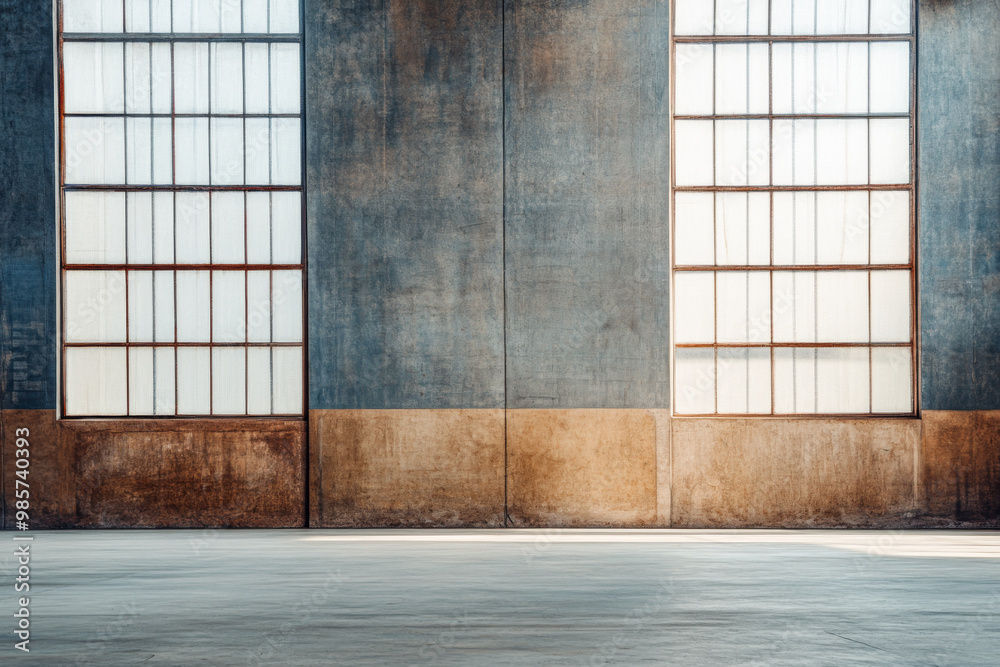 Spacious industrial interior with large windows and textured walls in a modern setting during daylight Spacious industrial interior with large windows and textured walls in a modern setting during daylight