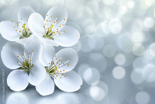 Serene white cherry blossoms sparkling light background