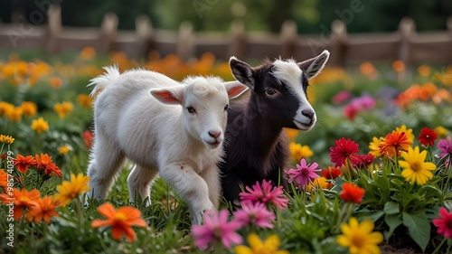 Two amusingly small newborn goats playing in the flowerbed. livestock on farms.