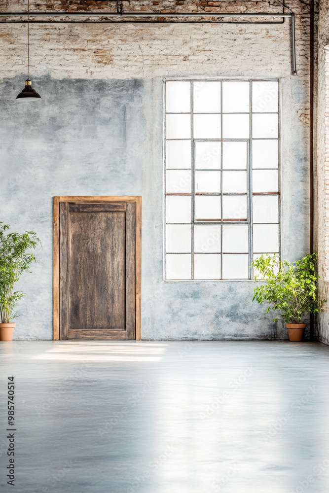 Bright and airy interior room featuring a wooden door and large window in a minimalist space with potted plants Bright and airy interior room featuring a wooden door and large window in a minimalist space with potted plants