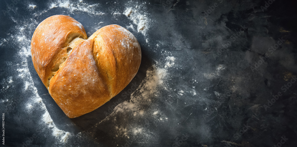 Small loaf of bread in heart shape on a dark table, view from above, copy space at side. Generative AI