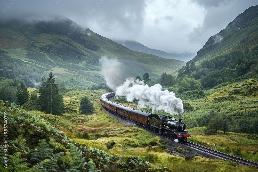 Obraz premium Historic steam train winding through a mountain valley