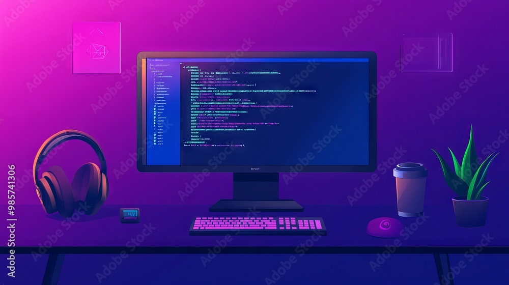 A computer setup with code on the screen, representing learning python for data engineering. main objects: monitor, keyboard, plant, headphones.