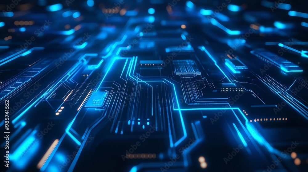 Advanced Glowing Blue Circuit Board with Intricate Electronic Patterns and Light Points for Modern Technology and Engineering Concepts Advanced Glowing Blue Circuit Board with Intricate Electronic Patterns and Light Points for Modern Technology and Engineering Concepts