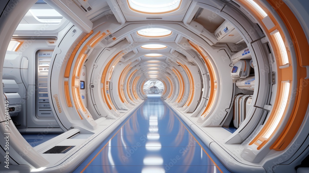 Fototapeta premium Futuristic space station or spaceship interior scifi style corridor or room.