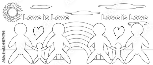 Explore love in every form with this coloring page featuring LGBTQ families under a rainbow, ideal for teaching diversity and acceptance.