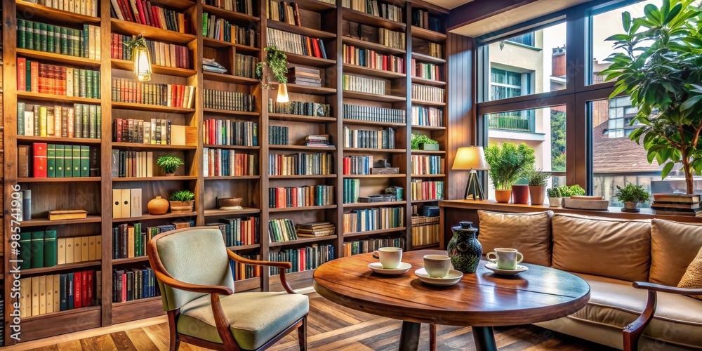 A cozy coffee shop library corner with a bookshelf filled with educational books and resources A cozy coffee shop library corner with a bookshelf filled with educational books and resources