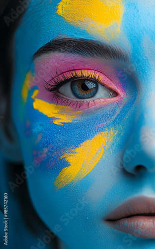 A woman with vibrant blue and yellow makeup, featuring the eyeshadow in a pink color, stands against an abstract background. The bright colors of her face stand out