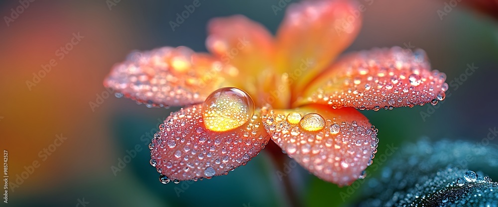 Dew drops on a pink flower petal. Dew drops on a pink flower petal.