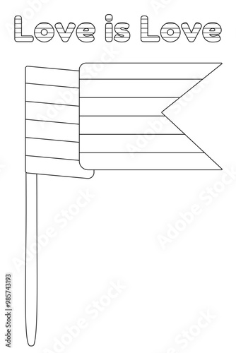 Black and white LGBTQ plus pride flag illustration with the words Love is Love for coloring. Perfect for celebrating diversity.