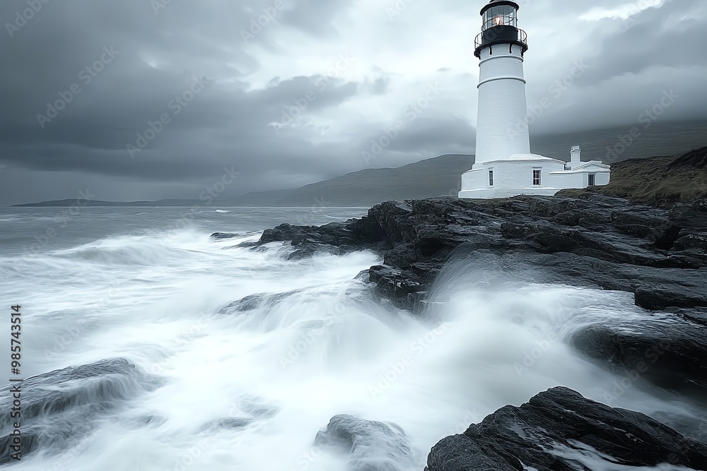 A lone lighthouse stands on a rocky coast as waves crash against the shore in a dramatic, moody seascape. A lone lighthouse stands on a rocky coast as waves crash against the shore in a dramatic, moody seascape.