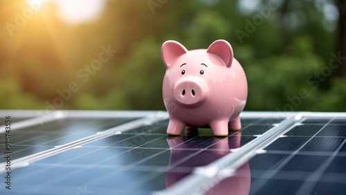 Power saving concept with solar panel on roof piggy bank money saved