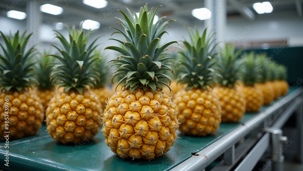 Ripe golden pineapples on conveyor belt in processing plant Ripe golden pineapples on conveyor belt in processing plant